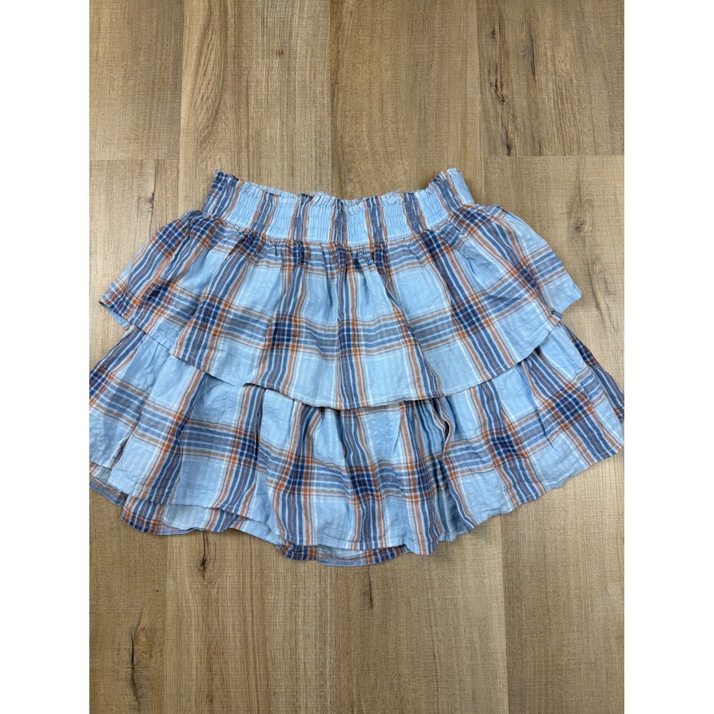 Aerie Plaid Tiered Mini Skirt Blue Orange Ruffle‎ Smocked Waist Cotton Small